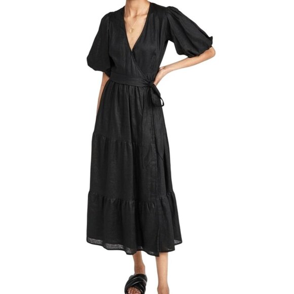Faithfull The Brand Dress Women 2 Black Linen Edee Wrap‎ Maxi Lagenlook Gothic - Picture 1 of 10